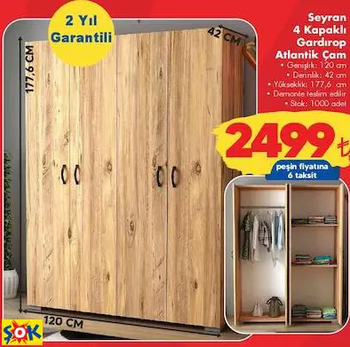 SEYRAN 4 KAPAKLI GARDIROP ATLANTİK ÇAM